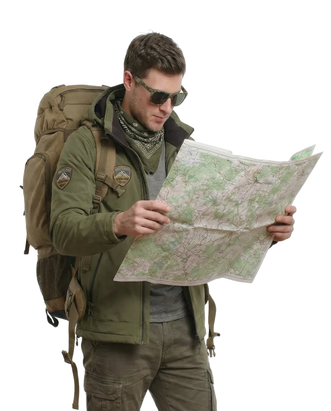 Viajero con mochila revisando un mapa